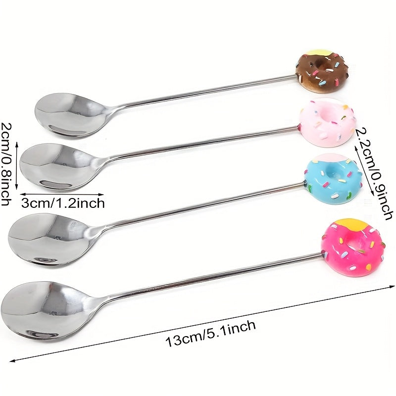 4pcs Donut-Themed Stainless Steel Dessert Spoons - Colorful Round Handle Design for Coffee, Ice Cream, and Beverage Stirring - Perfect for Home Use or Wedding Gifts, Coffee Stirring Spoons|Playful Design|Durable Metal Spoons, Coffee Accessories