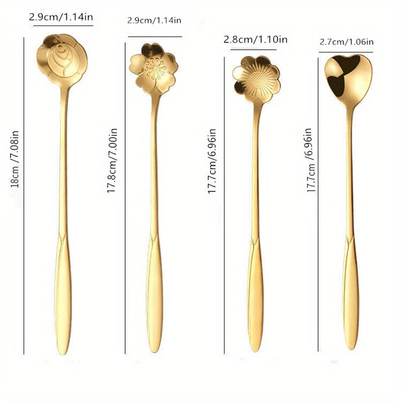 4pcs Flowers Design Gold Spoon Long Handle Dessert Tea Coffee Mixing Spoon Stainless Steel Vintage Teaspoons Drink Tableware