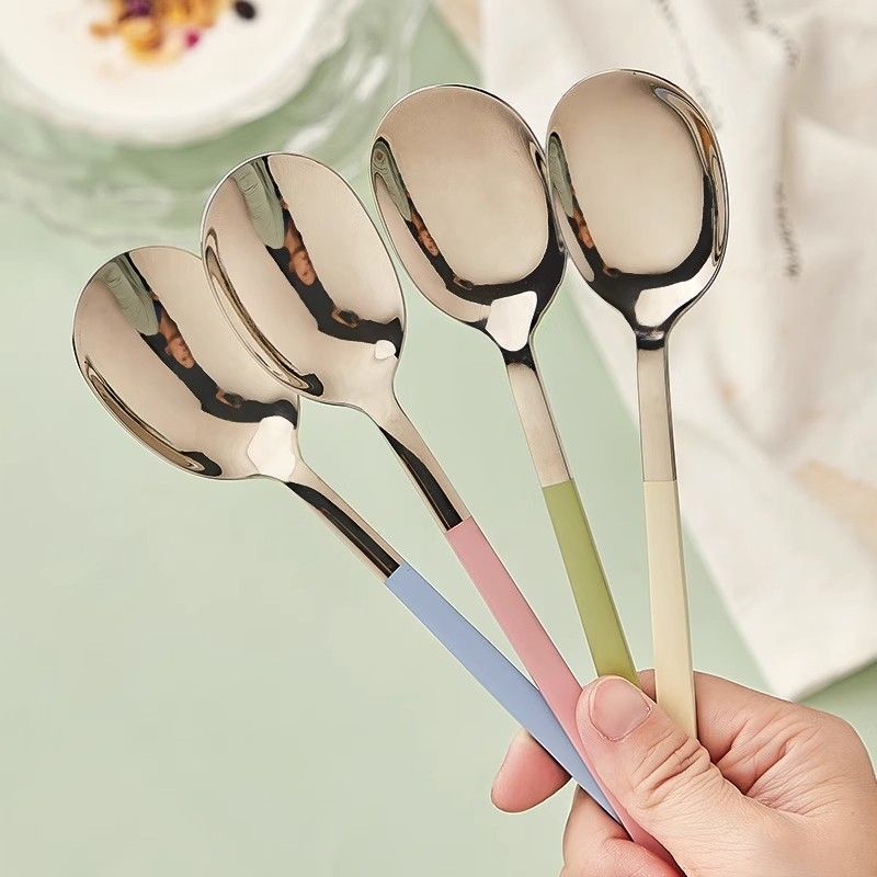 4pcs Stainless Steel Long Handle Spoons with Colorful Handles - Elegant Korean Soup Spoons for Formal Dining, Durable & Easy to Clean, Perfect for Soups, Desserts, and Everyday Use, Formal Dining Essentials | Pastel Handle Spoons | Stainless Steel Spoons