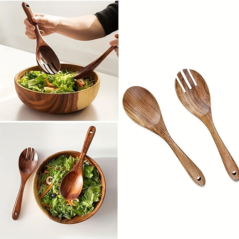 2pcs Wooden Salad Fork and Spoon Set, Reusable, Easy to Carry, Ideal for Home, Restaurant, and Outdoor Dining