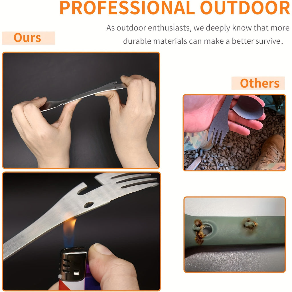 PSKOOK 2pcs Tactical Spork, 5-in-1 Stainless Steel Spoon, Fork & Knife Combo with Bottle Opener, Matte Black Finish, Outdoor Camping Utensil for Hiking & Backpacking, Camping Utensil