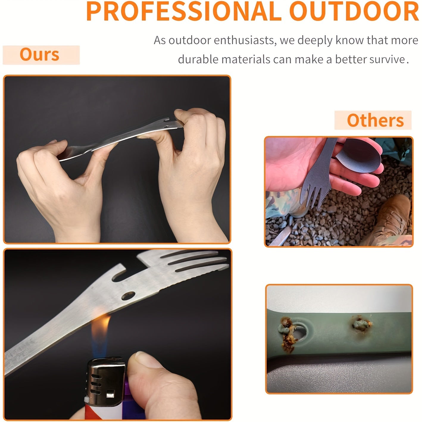 PSKOOK 2pcs Tactical Spork, 5-in-1 Stainless Steel Spoon, Fork & Knife Combo with Bottle Opener, Matte Black Finish, Outdoor Camping Utensil for Hiking & Backpacking, Camping Utensil