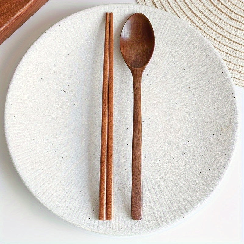 2pcs Set Japanese Wooden Spoon & Chopsticks - Long Handle, Portable Tableware for Couples and Students