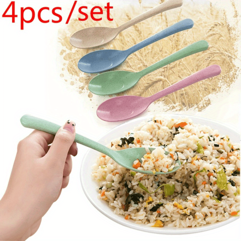 4pcs High-Quality Wheat Straw Long Handle Spoons - Light Green, Pink, White & Blue - Durable Plastic Kitchen Utensils for Cooking, Serving & Soup Lovers, Cooking Supplies | Pastel Kitchenware | Wheat Straw Plastic
