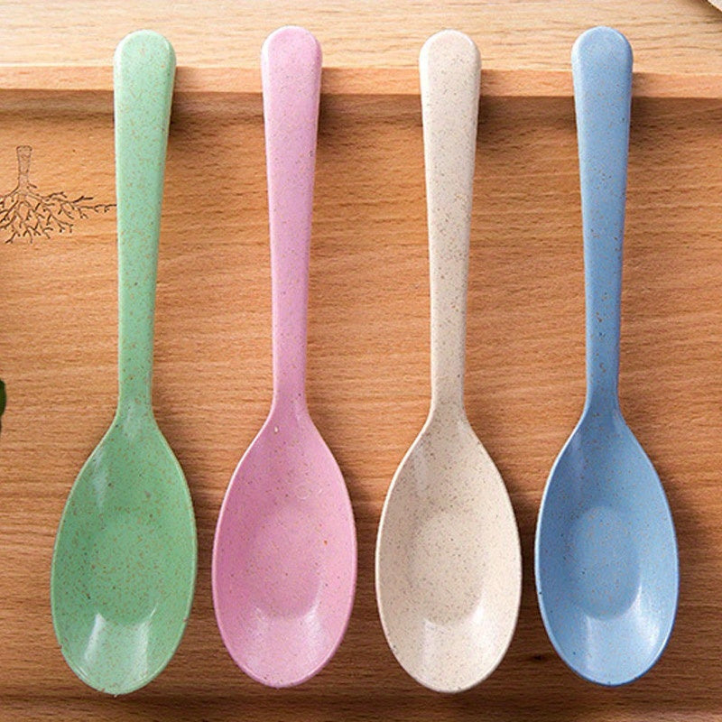4pcs High-Quality Wheat Straw Long Handle Spoons - Light Green, Pink, White & Blue - Durable Plastic Kitchen Utensils for Cooking, Serving & Soup Lovers, Cooking Supplies | Pastel Kitchenware | Wheat Straw Plastic