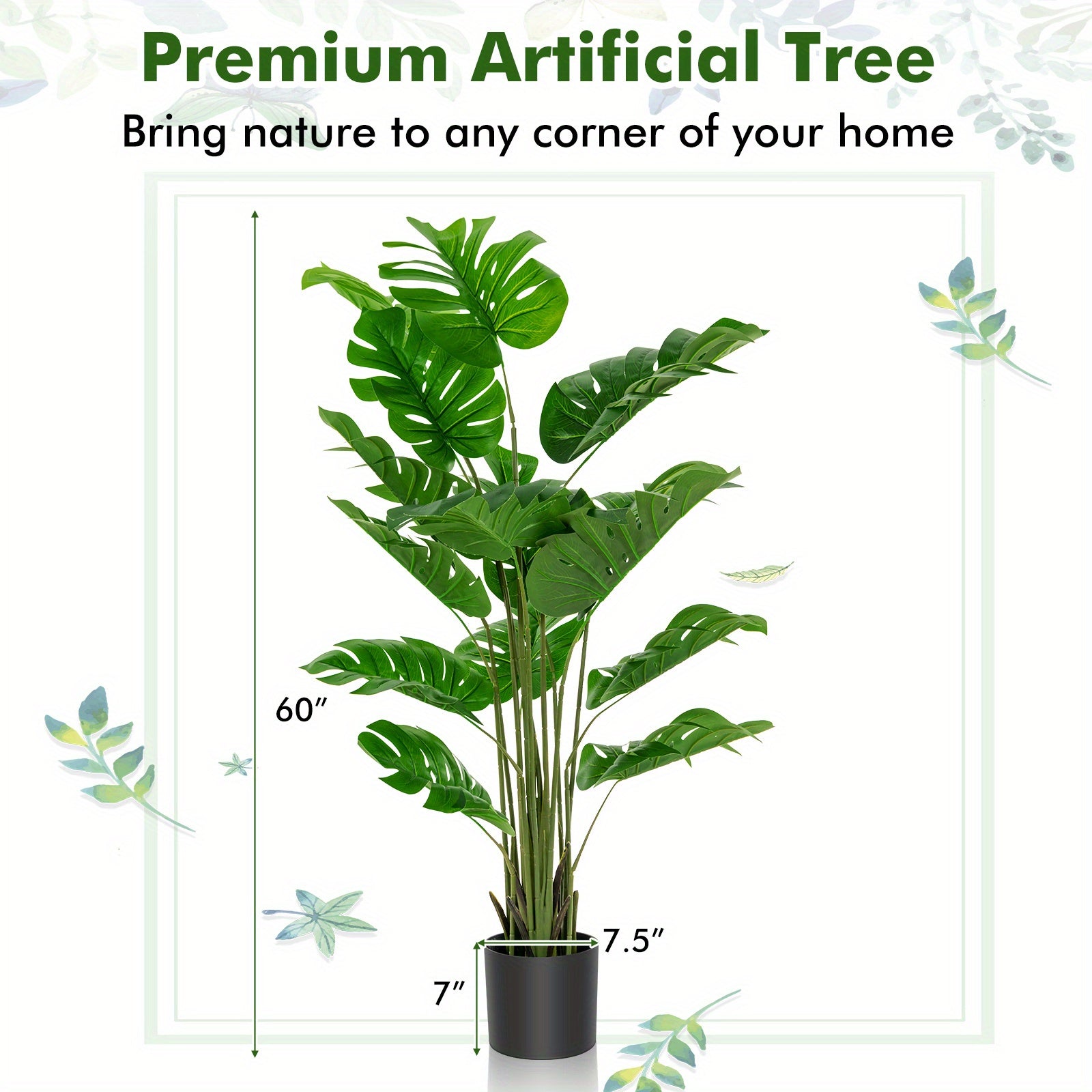 Plante artificielle Monstera Deliciosa Multigot, lot de 2, 1,5 m, avec pot en ciment, 15 grandes feuilles, aucun entretien requis, plantes artificielles décoratives, décoration intérieure et extérieure pour la maison et le bureau.