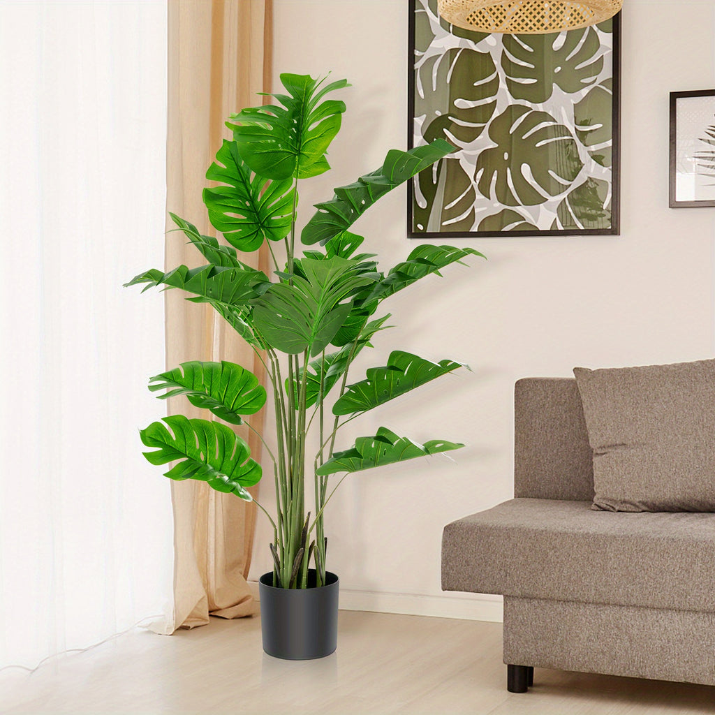 Plante artificielle Monstera Deliciosa Multigot, lot de 2, 1,5 m, avec pot en ciment, 15 grandes feuilles, aucun entretien requis, plantes artificielles décoratives, décoration intérieure et extérieure pour la maison et le bureau.