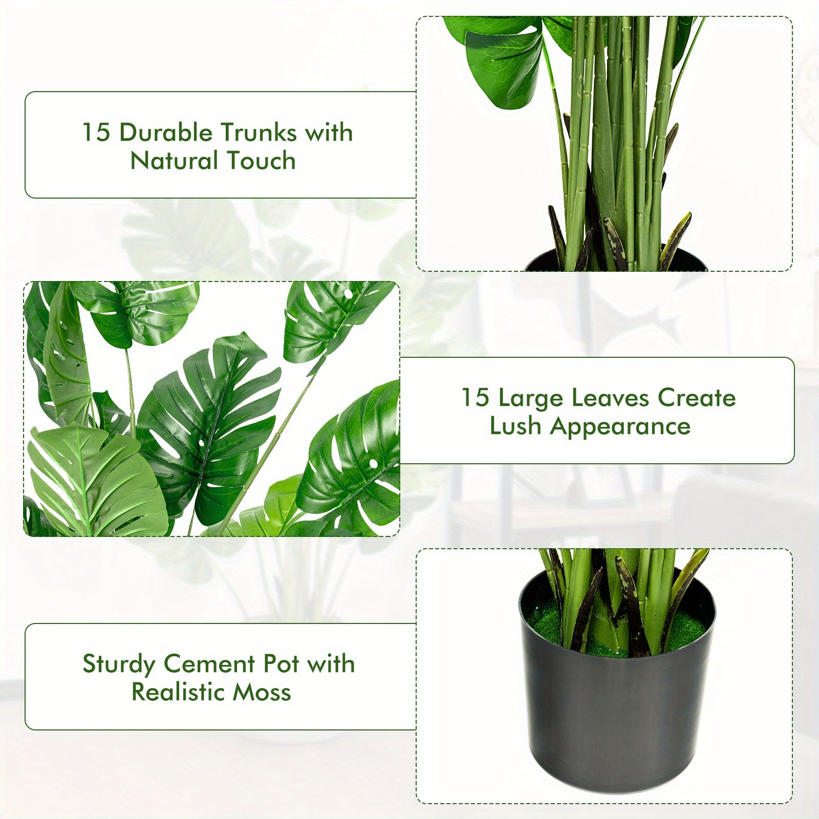 Plante artificielle Monstera Deliciosa Multigot, lot de 2, 1,5 m, avec pot en ciment, 15 grandes feuilles, aucun entretien requis, plantes artificielles décoratives, décoration intérieure et extérieure pour la maison et le bureau.