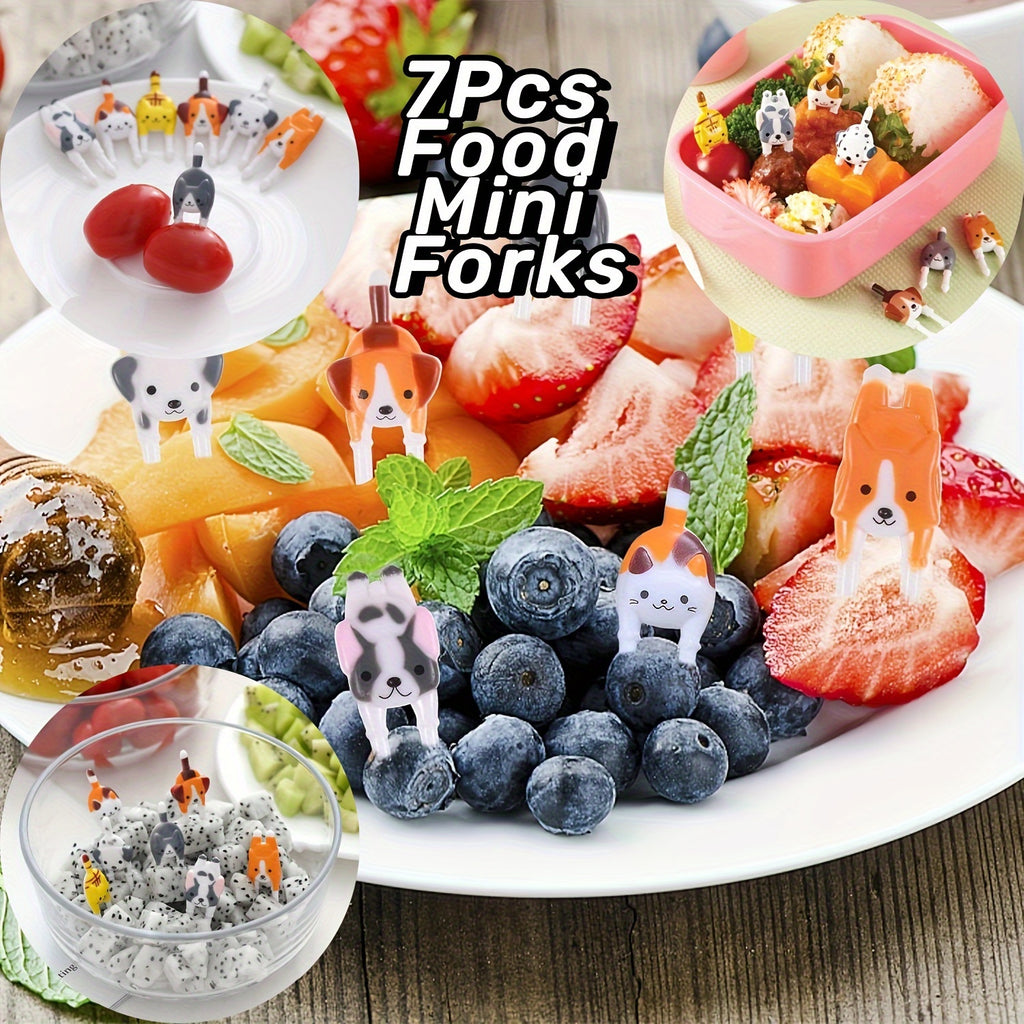 7pcs Cute Mini Animal Food Forks - Reusable Plastic Cat & Dog Designs for Snacks, Fruits, Bento Lunch Boxes - Perfect for Pet-Themed Parties, Birthdays, Pool Gatherings - No Batteries Required