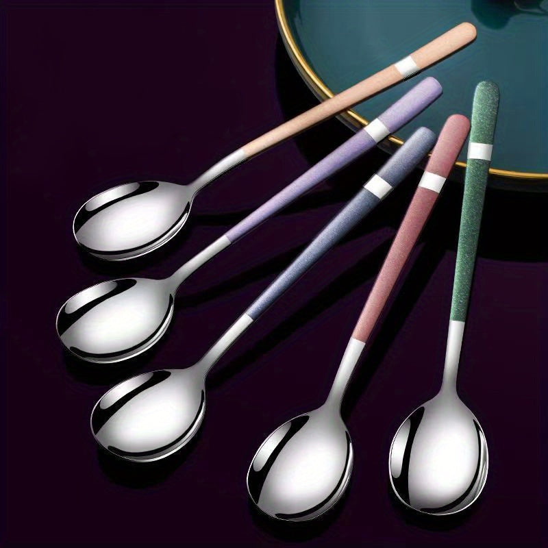 5pcs Stainless Steel Spoons Set, Rust-Resistant, Long-Handled, Thickened Comfort, Heavy-Duty Kitchen Accessories, Ideal for Family Gatherings, Potlucks, and Restaurants