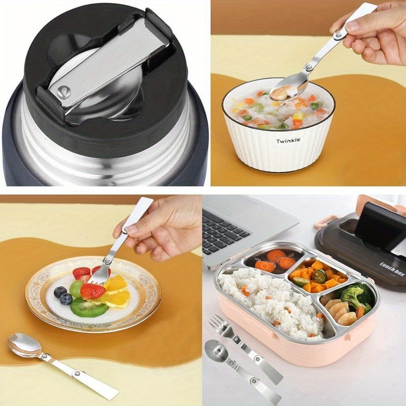 1 Set Stainless Steel Foldable Flatware - Polished Finish, Portable Camping Cutlery, Compact Travel Fork and Spoon Set for Outdoor, Picnic, Fishing, Boating, Backpacking