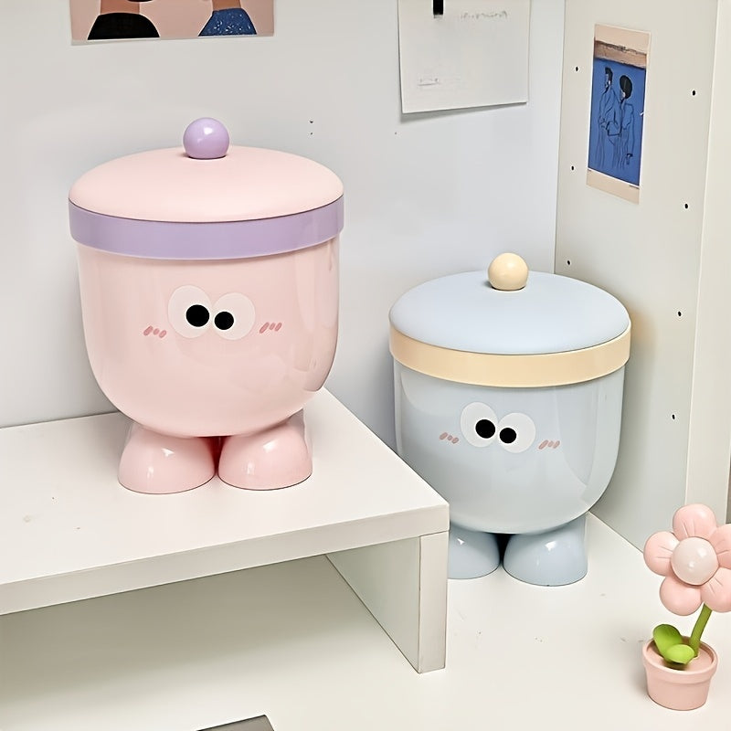 Cute Cartoon Desktop Trash Can with Lid - Creative Storage Bin for Home and Dorm Decor, Large Eyes Design, Press-Top Opening, Durable PP Material, Ideal for Small Waste and Toys, Home Trash Ca