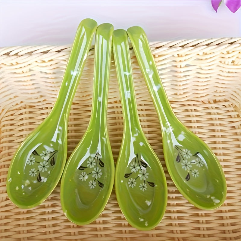 10 Heat-Resistant Melamine Long-Handled Spoons, Small Soup Spoons for Home Use, Restaurant, Floral Design, Food Store