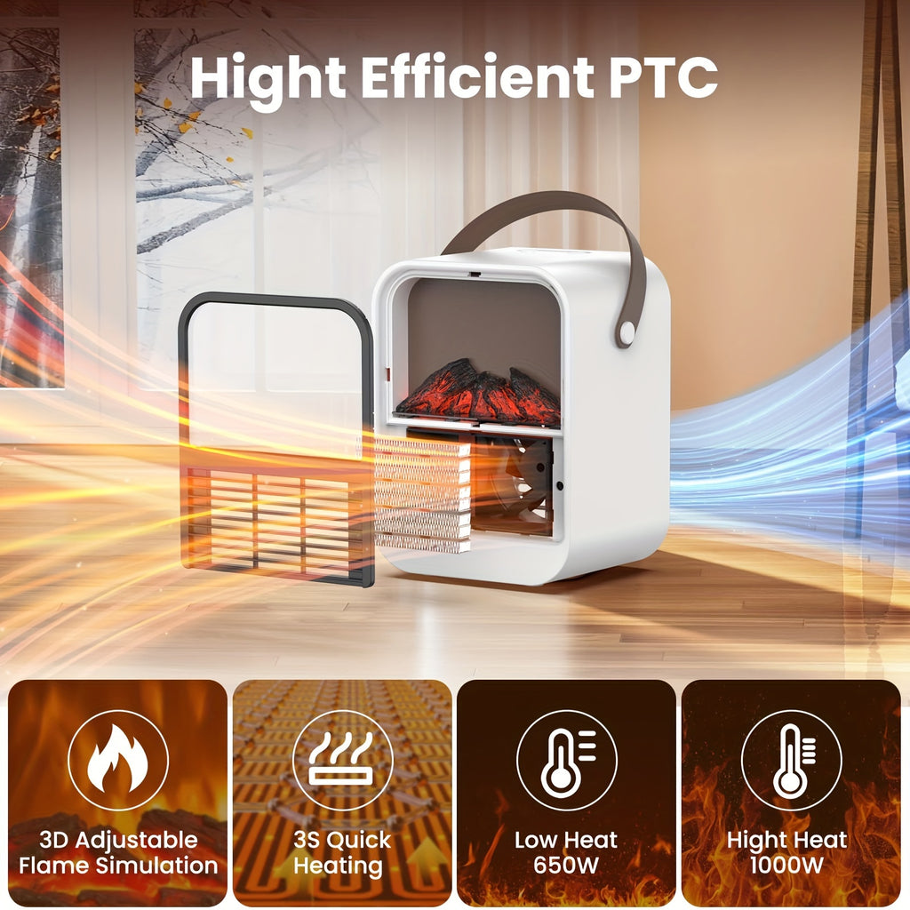 Electric Fireplace Heater with Overheat Protection, 3D Flame Effect, Fast PTC Heating, Dual Mode 650W\u002F1000W, Square Plastic Portable Desktop Heater with US Plug, 110V for Bedroom Bathroom Office