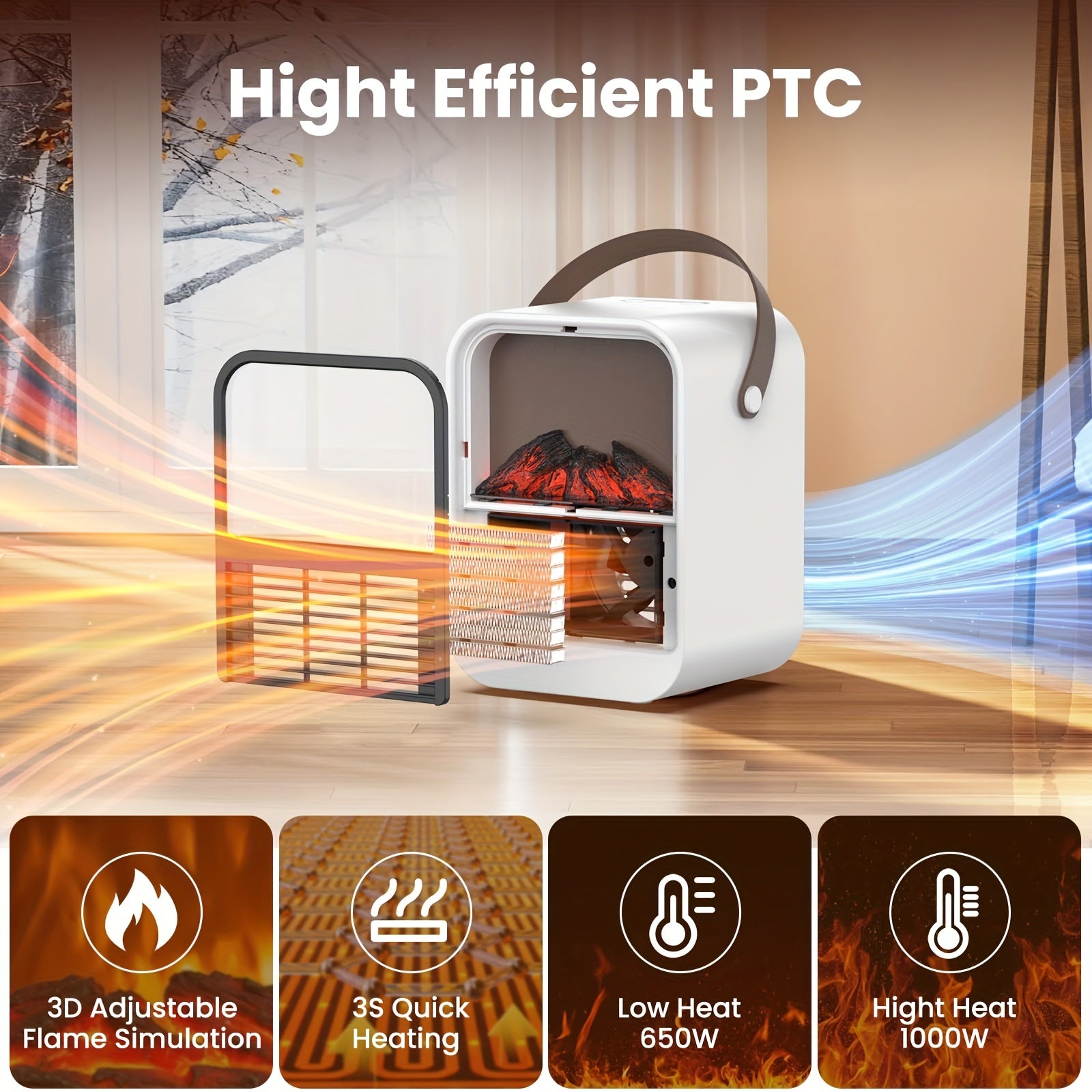 Electric Fireplace Heater with Overheat Protection, 3D Flame Effect, Fast PTC Heating, Dual Mode 650W\u002F1000W, Square Plastic Portable Desktop Heater with US Plug, 110V for Bedroom Bathroom Office