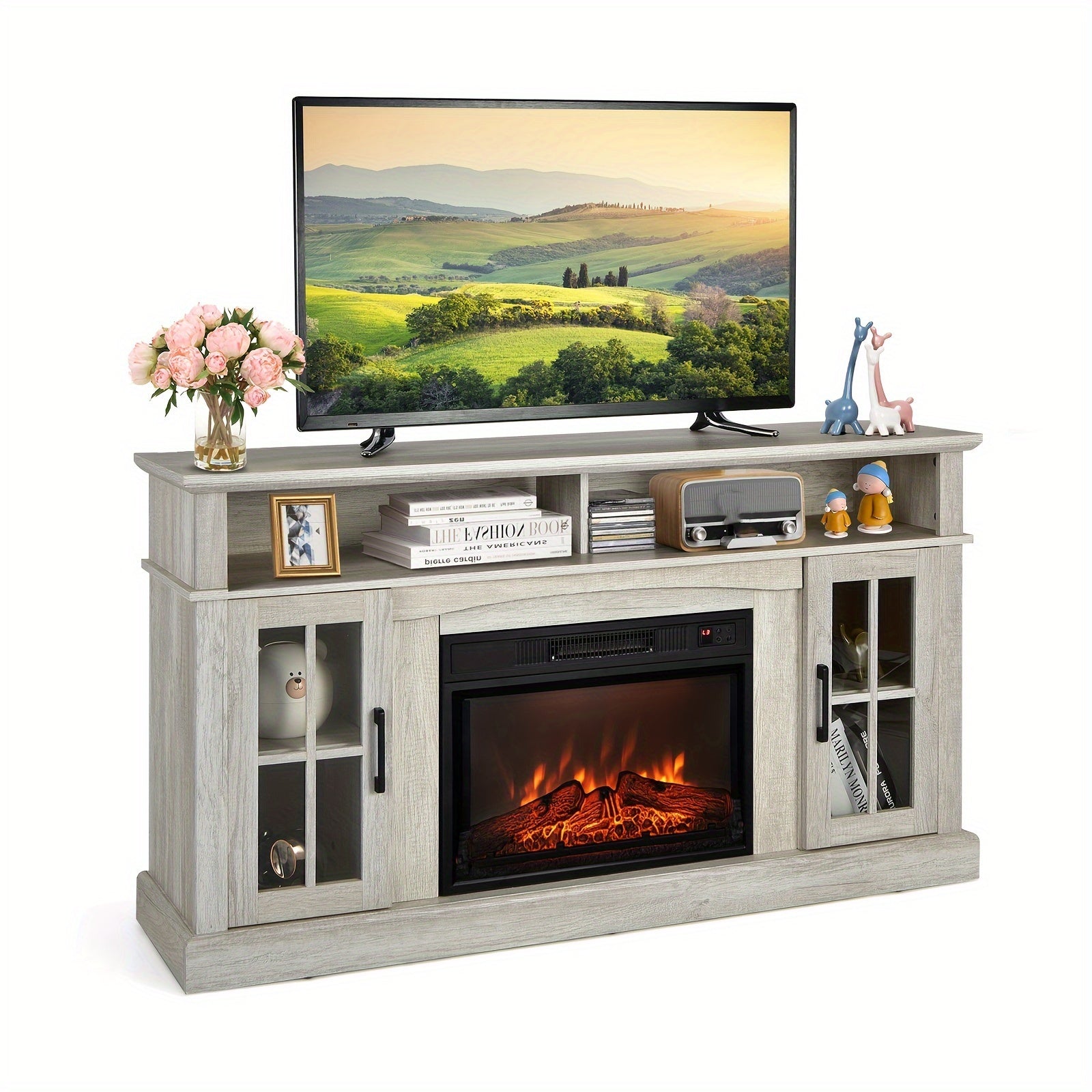 MULTIGOT Fireplace TV Stand for TVs Up to 65 Inches, 1400W Electric Fireplace Insert with Remote Control, 6H Timer, 3-Level Flame Brightness, Overheat Protection, Media Entertainment Center with Adjustable Shelves