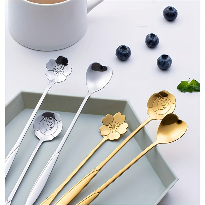 4pcs Flowers Design Gold Spoon Long Handle Dessert Tea Coffee Mixing Spoon Stainless Steel Vintage Teaspoons Drink Tableware
