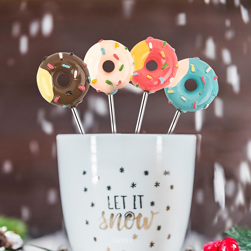4pcs Donut-Themed Stainless Steel Dessert Spoons - Colorful Round Handle Design for Coffee, Ice Cream, and Beverage Stirring - Perfect for Home Use or Wedding Gifts, Coffee Stirring Spoons|Playful Design|Durable Metal Spoons, Coffee Accessories
