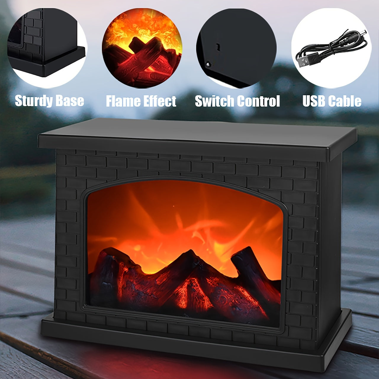 Shenzhi Tech LED Fireplace Lantern - Tabletop USB Powered Fake Fireplace Light with Polished Finish, Push Button Control, Plastic Lamp Shade, Flame Effect for Home Decor - No Battery Included