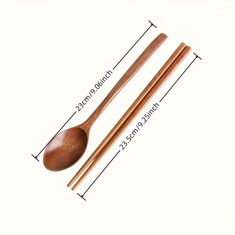 2pcs Set Japanese Wooden Spoon & Chopsticks - Long Handle, Portable Tableware for Couples and Students