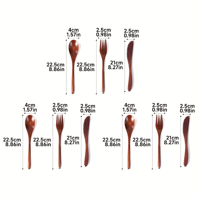 3\u002F9pcs High Quality Japanese Wooden Tableware Set - Handmade Natural Hardwood Spoon and Fork and Dinner Knife, Reusable Tableware, Used for Dieting, Cooking and Mixing - High Quality Kitchen Essentials Handmade Se
