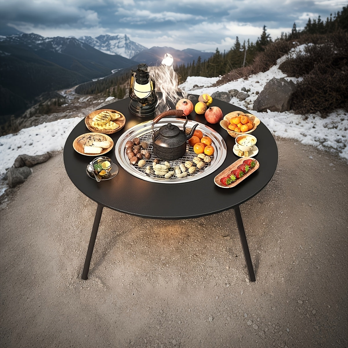 EmberLuxe Pro Outdoor Fireplace System - 3-in-1 Smokeless Combustion Technology Fireplace Table with Removable Grill\u002FTea Warmer, Aerospace Grade Alloy Frame and Spill Protection Drip Management for Camping\u002FPatio\u002FWindow Parties