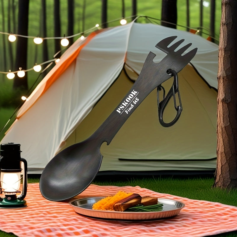 PSKOOK 2pcs Tactical Spork, 5-in-1 Stainless Steel Spoon, Fork & Knife Combo with Bottle Opener, Matte Black Finish, Outdoor Camping Utensil for Hiking & Backpacking, Camping Utensil