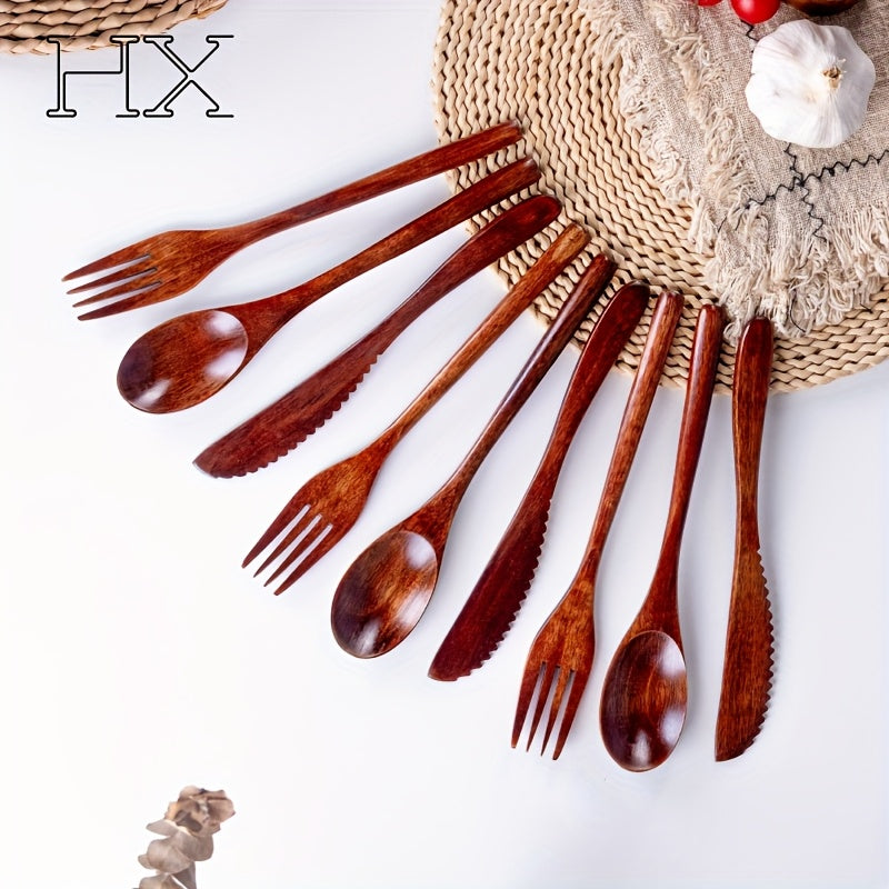 3\u002F9pcs High Quality Japanese Wooden Tableware Set - Handmade Natural Hardwood Spoon and Fork and Dinner Knife, Reusable Tableware, Used for Dieting, Cooking and Mixing - High Quality Kitchen Essentials Handmade Se