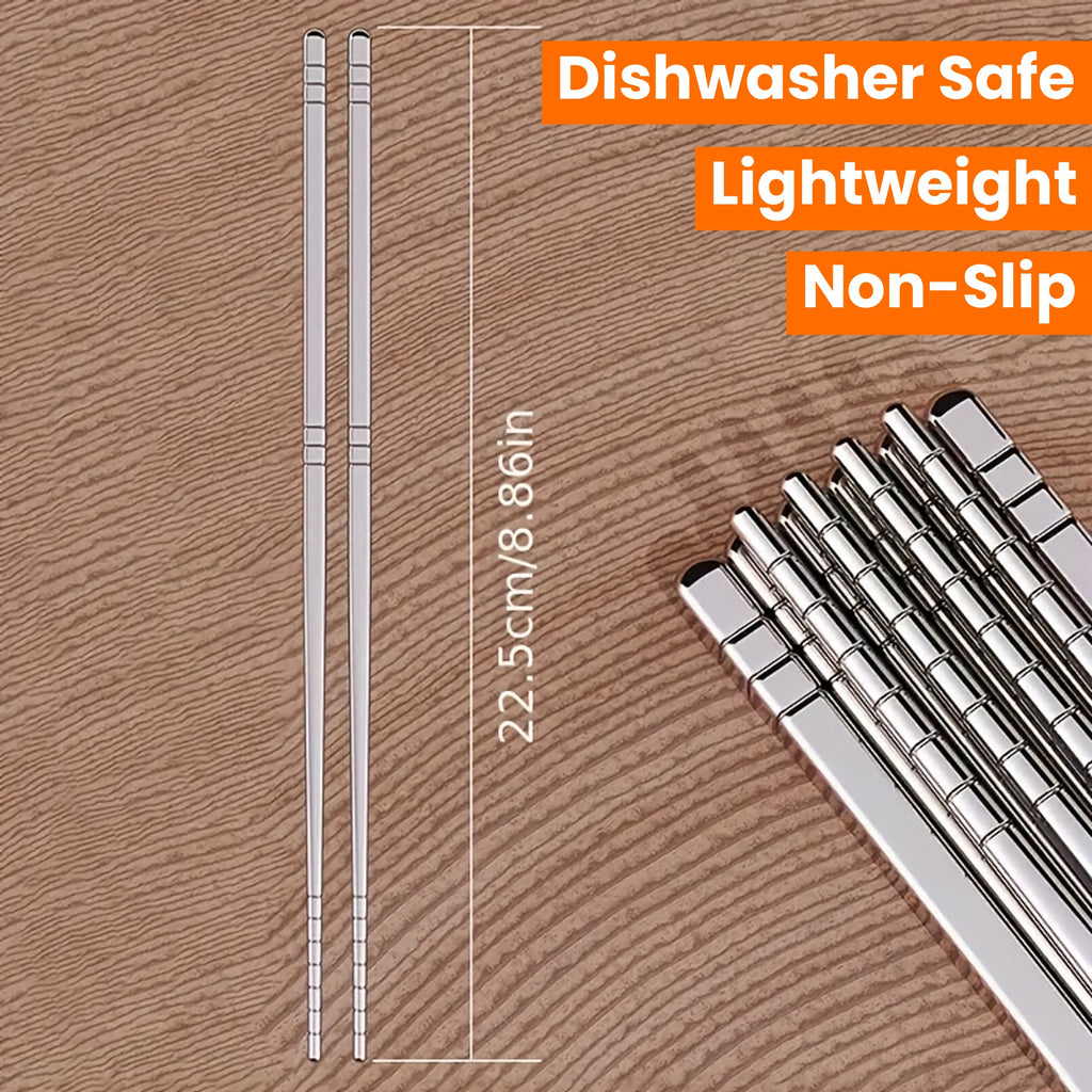 5 Pairs Striped Hollow Stainless Steel Chopsticks, 304 Non-Slip Lightweight Cutlery with 13 Grip Grooves, Reusable, Dishwasher Safe for Home, Restaurants, Parties & Holidays