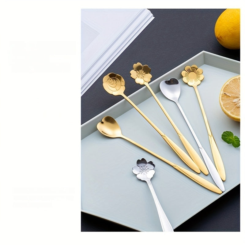 4pcs Flowers Design Gold Spoon Long Handle Dessert Tea Coffee Mixing Spoon Stainless Steel Vintage Teaspoons Drink Tableware