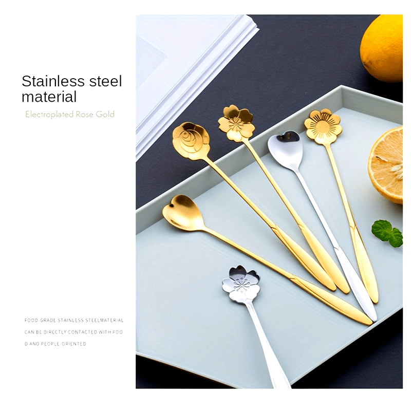 4pcs Flowers Design Gold Spoon Long Handle Dessert Tea Coffee Mixing Spoon Stainless Steel Vintage Teaspoons Drink Tableware
