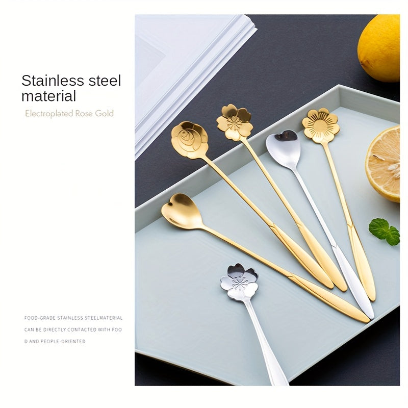 4pcs Flowers Design Gold Spoon Long Handle Dessert Tea Coffee Mixing Spoon Stainless Steel Vintage Teaspoons Drink Tableware