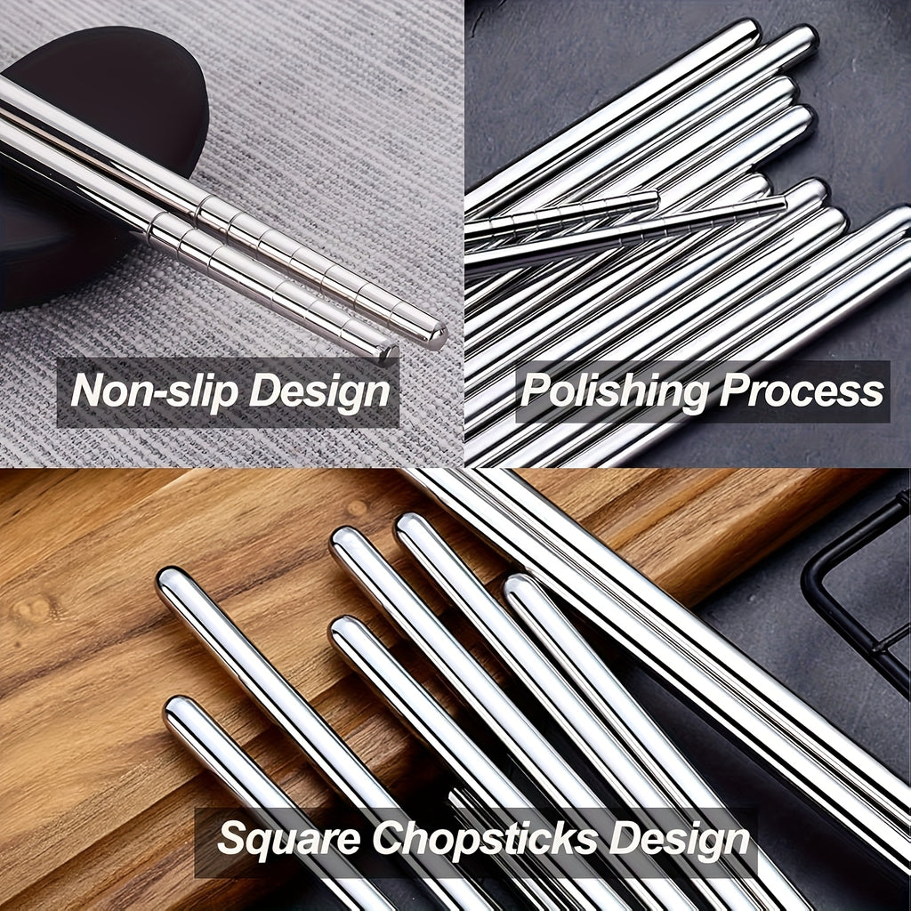 5 Pairs Striped Hollow Stainless Steel Chopsticks, 304 Non-Slip Lightweight Cutlery with 13 Grip Grooves, Reusable, Dishwasher Safe for Home, Restaurants, Parties & Holidays