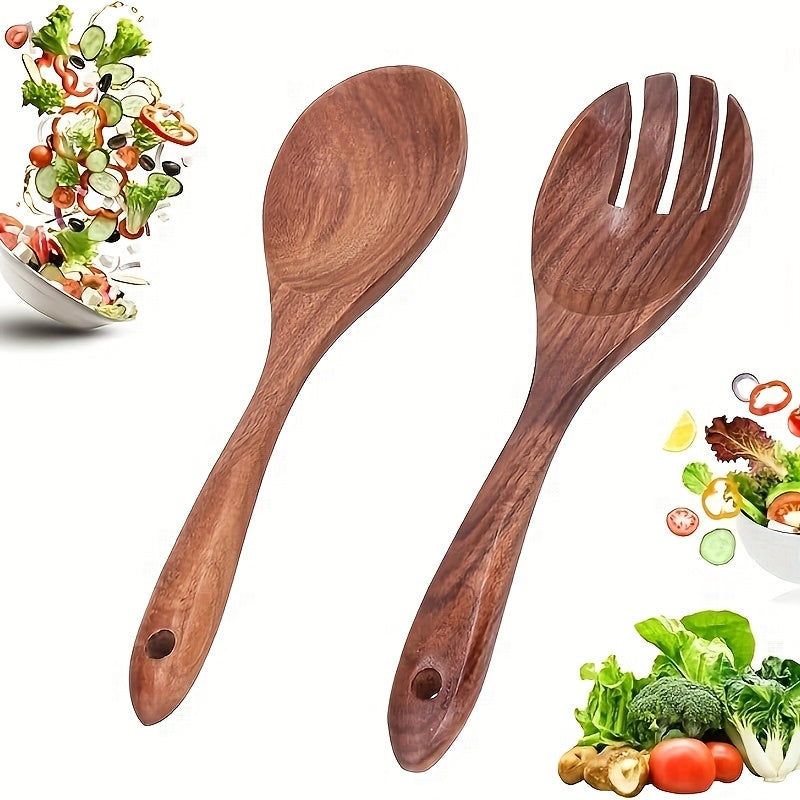 2pcs Wooden Salad Fork and Spoon Set, Reusable, Easy to Carry, Ideal for Home, Restaurant, and Outdoor Dining