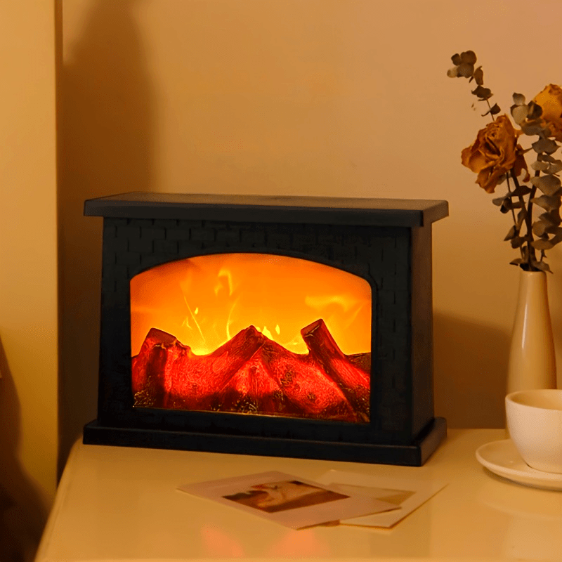 Shenzhi Tech LED Fireplace Lantern - Tabletop USB Powered Fake Fireplace Light with Polished Finish, Push Button Control, Plastic Lamp Shade, Flame Effect for Home Decor - No Battery Included