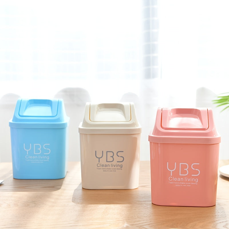 YBS Clean Living Mini Trash Can with Flip Lid – Square Desktop Waste Basket for Kitchen & Living Room, Durable PP Material, Light Blue\u002FWhite\u002FPink, Compact Design for Countertop or Tabletop Use