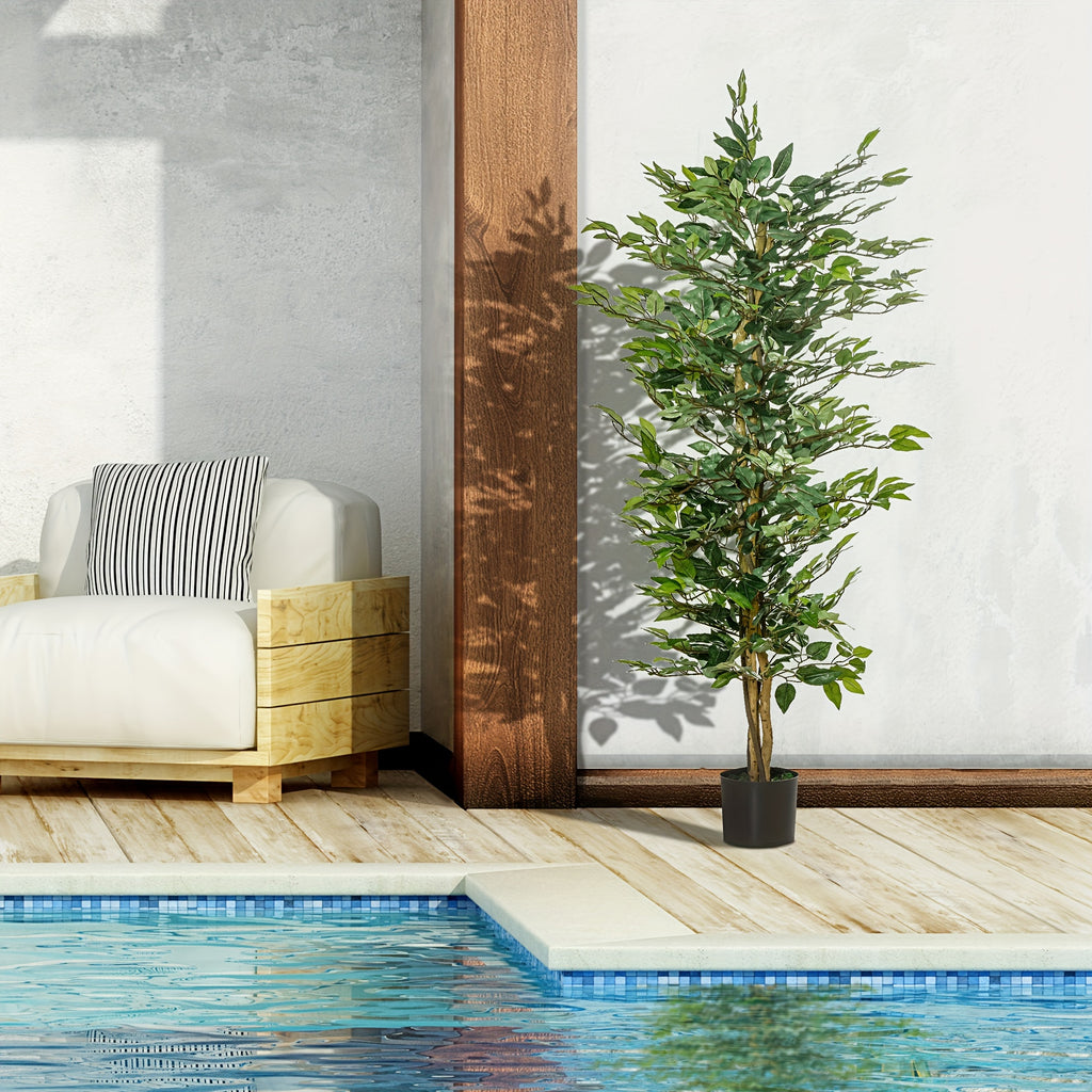 Arbre artificiel en Ficus de 5 pieds, faux arbre avec feuilles, plante artificielle dans un pot de pépinière pour la décoration intérieure et extérieure