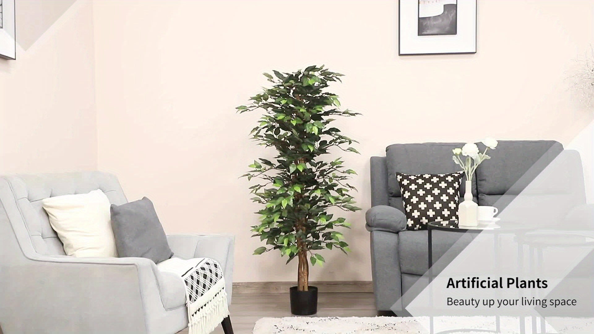 Arbre artificiel en Ficus de 5 pieds, faux arbre avec feuilles, plante artificielle dans un pot de pépinière pour la décoration intérieure et extérieure