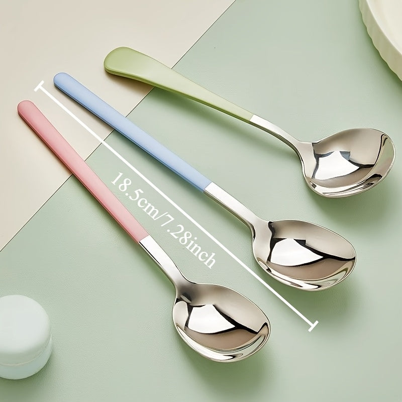 4pcs Stainless Steel Long Handle Spoons with Colorful Handles - Elegant Korean Soup Spoons for Formal Dining, Durable & Easy to Clean, Perfect for Soups, Desserts, and Everyday Use, Formal Dining Essentials | Pastel Handle Spoons | Stainless Steel Spoons